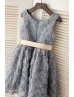 Gray Rosette Knee Length Flower Girl Dress With Champagne Sash